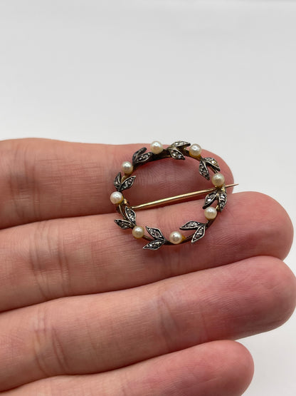 Antique 9ct gold / silver pearl and diamond brooch