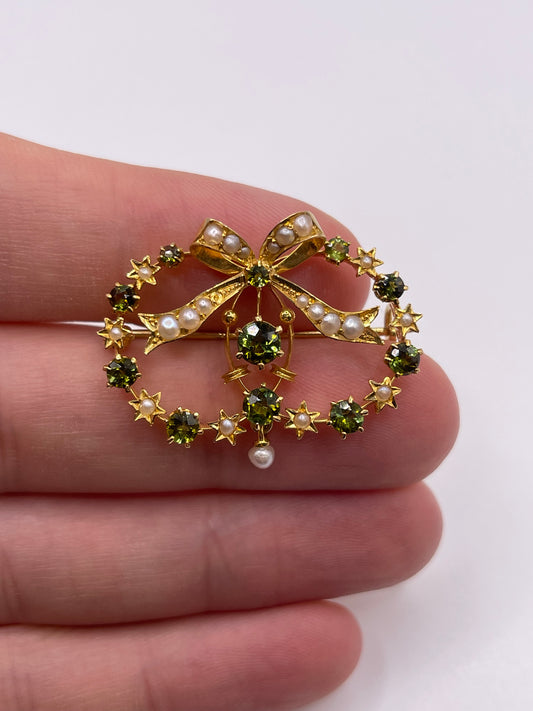 Antique 18ct gold tourmaline and pearl brooch
