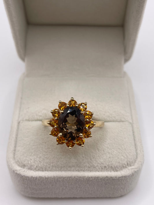 9ct gold Smokey quartz and citrine ring
