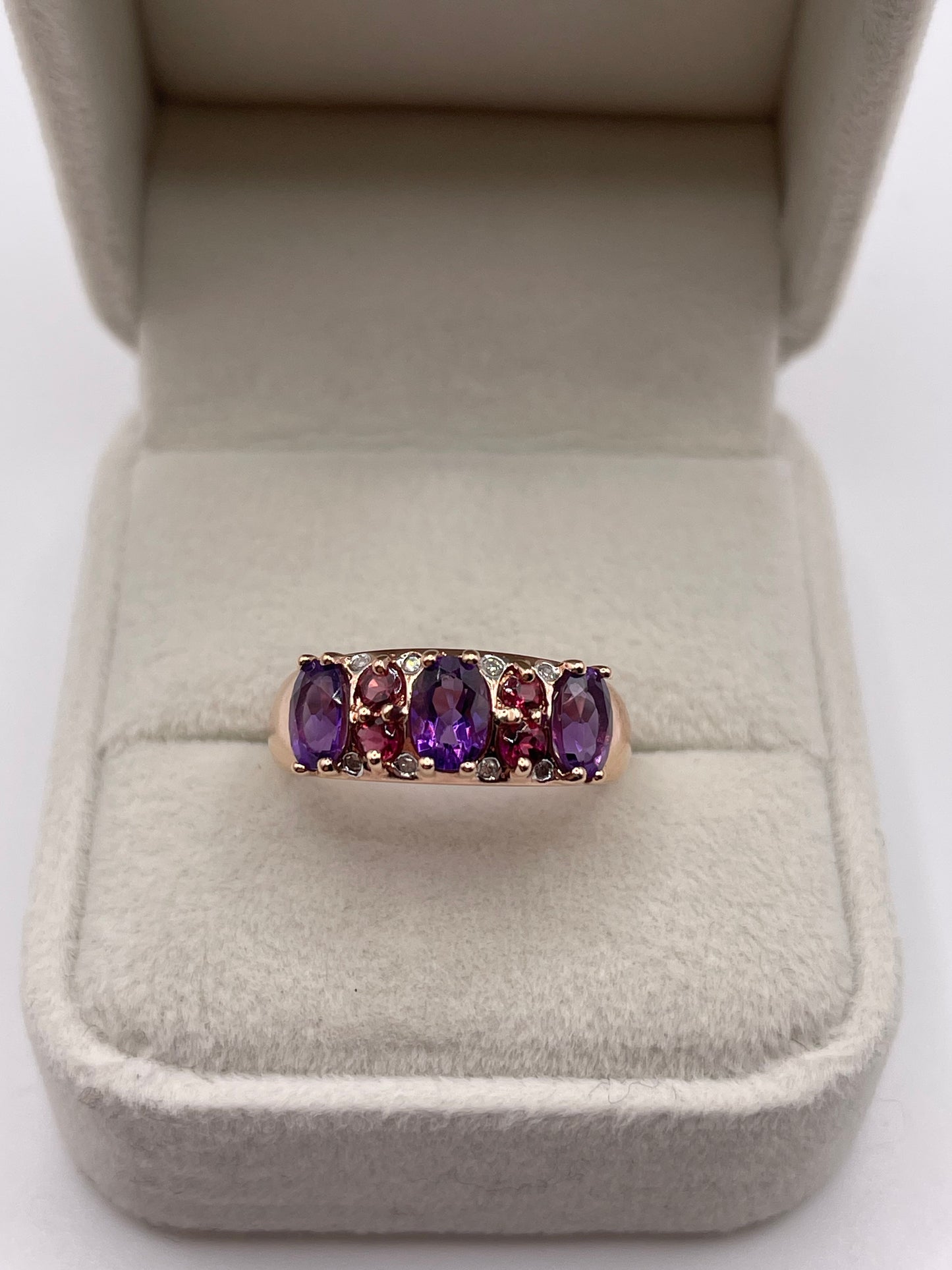 9ct rose gold amethyst, tourmaline and diamond ring