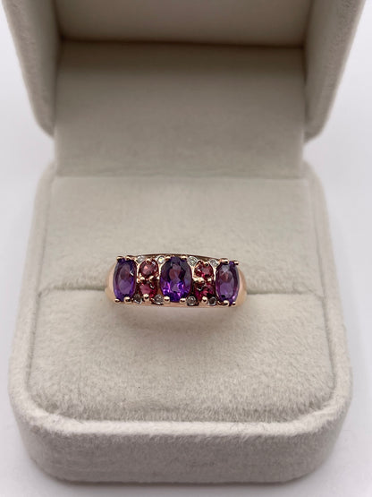 9ct rose gold amethyst, tourmaline and diamond ring