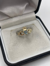 Load image into Gallery viewer, 9ct gold blue topaz claddagh ring
