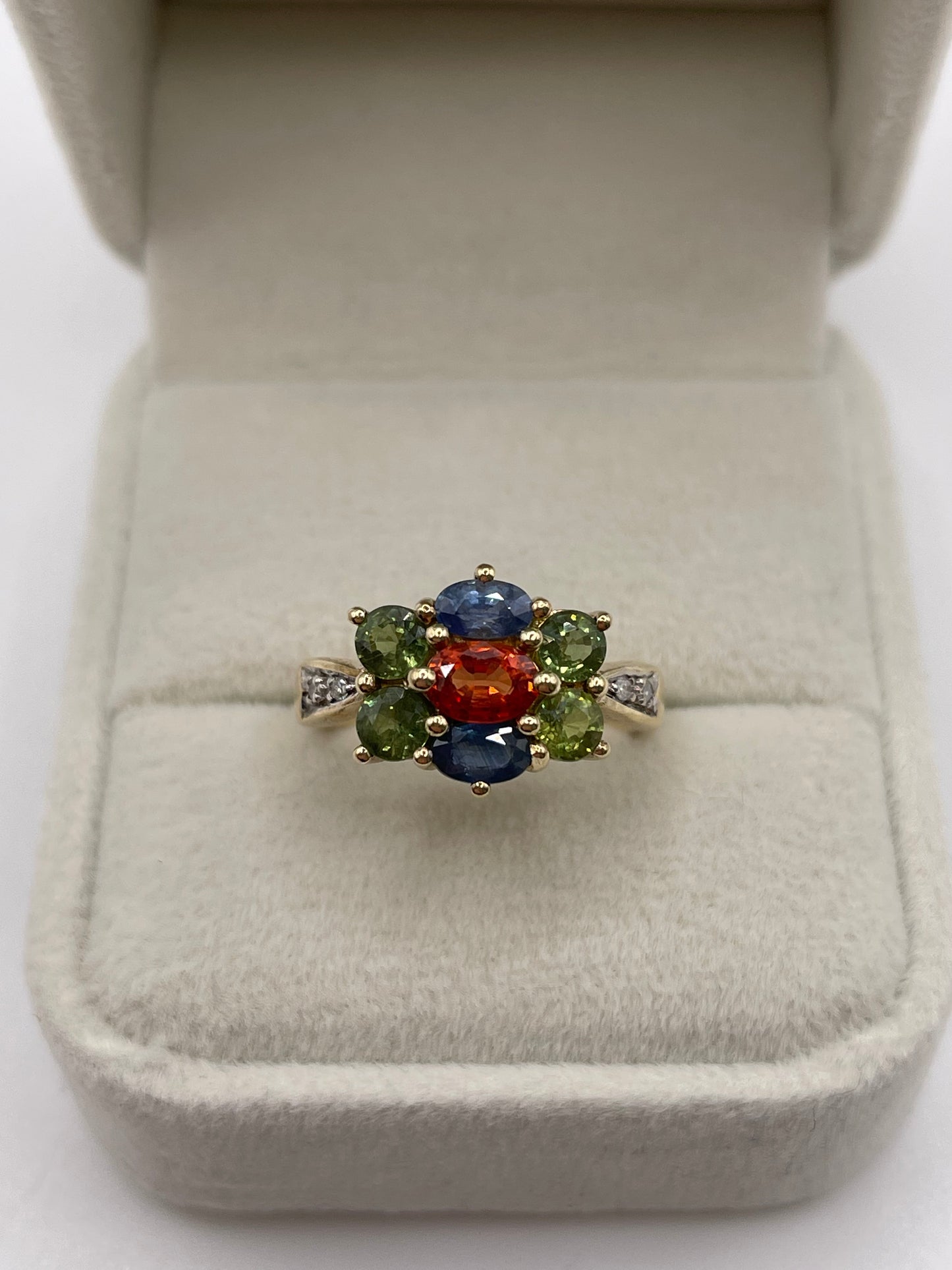 9ct gold multi coloured sapphire and diamond ring