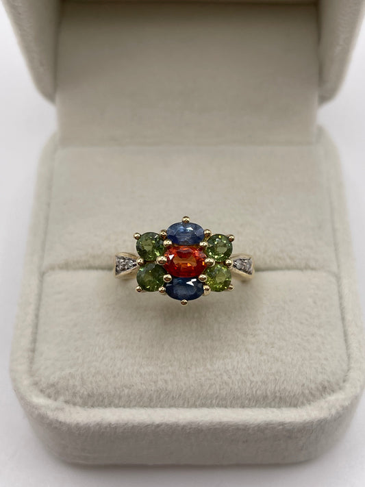 9ct gold multi coloured sapphire and diamond ring