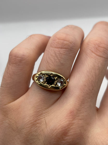 Heavy 9ct gold garnet and cz gypsy ring