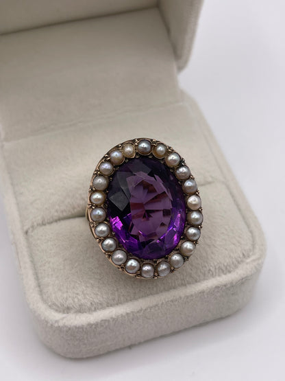 Antique 9ct gold amethyst and pearl ring