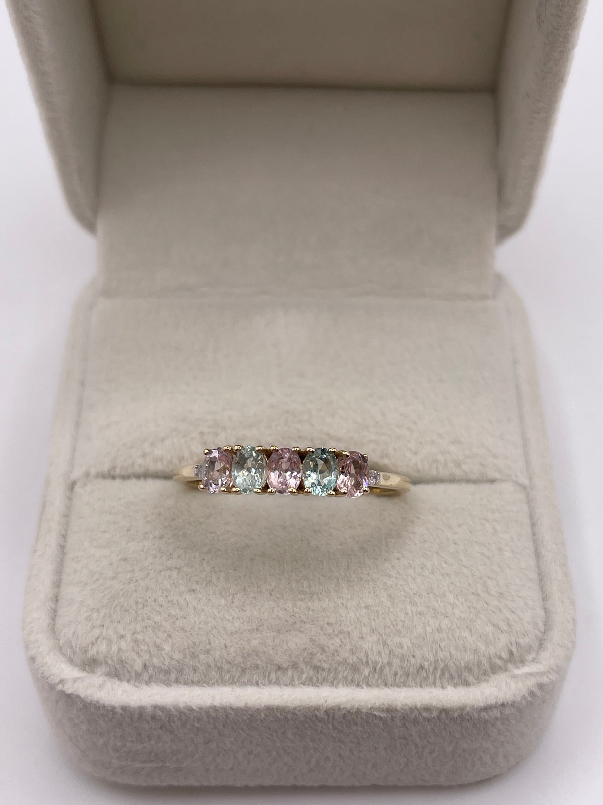 9ct gold kunzite, aquamarine and diamond ring