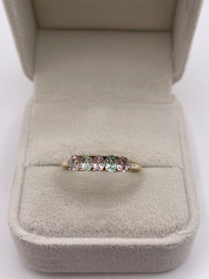 9ct gold kunzite, aquamarine and diamond ring