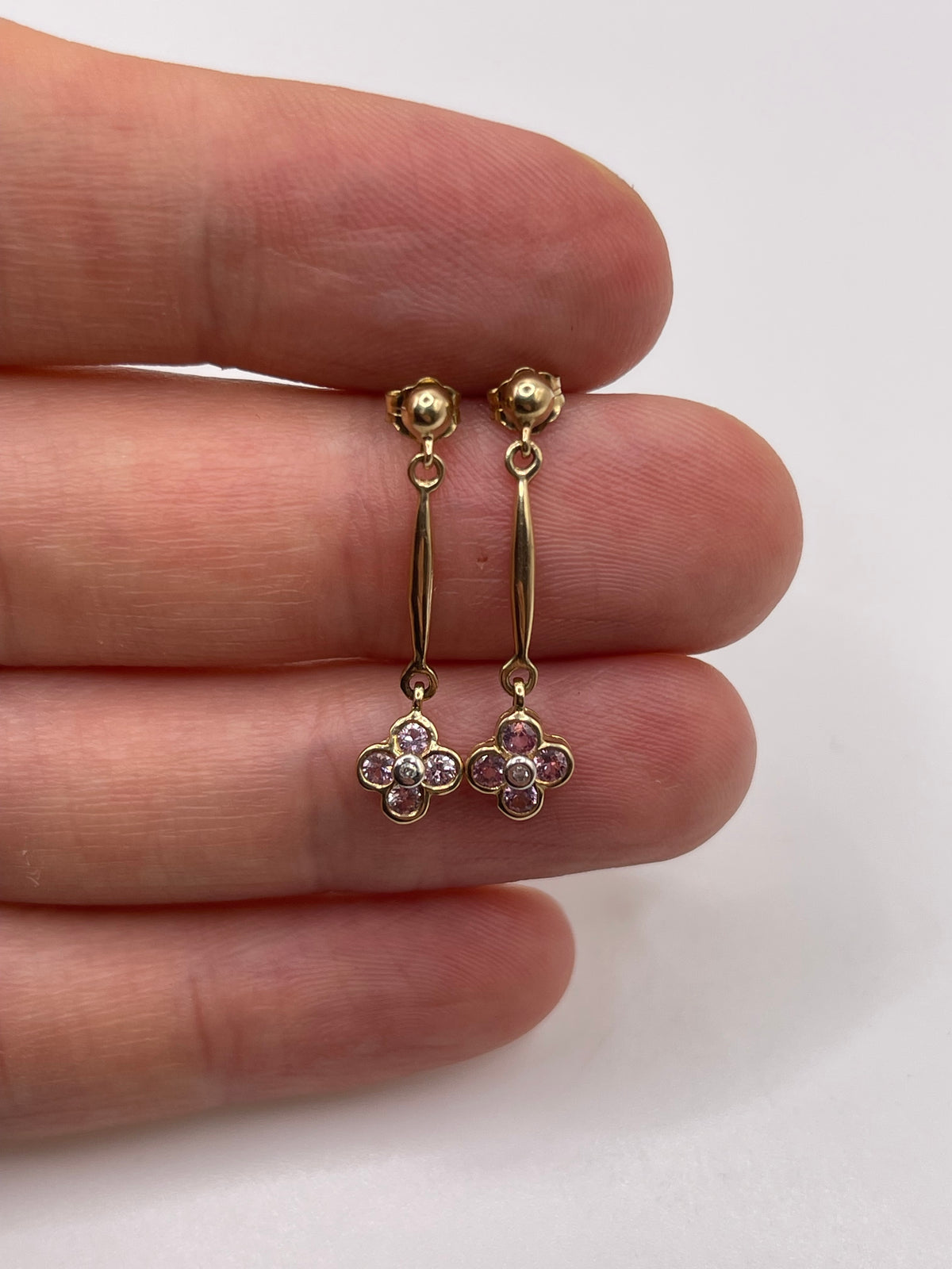 9ct gold pink sapphire and diamond earrings