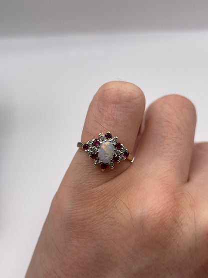 9ct gold opal, ruby and diamond ring