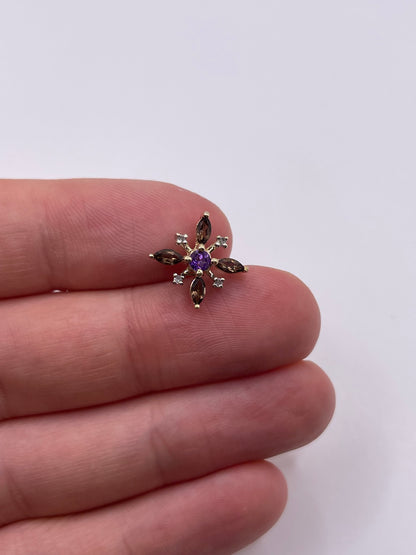9ct gold amethyst, Smokey quartz and diamond pendant