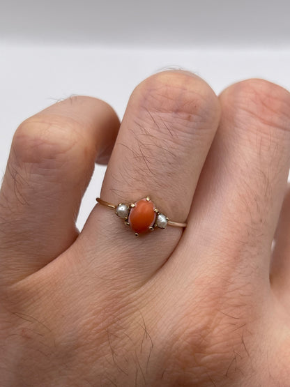 9ct gold coral and pearl ring