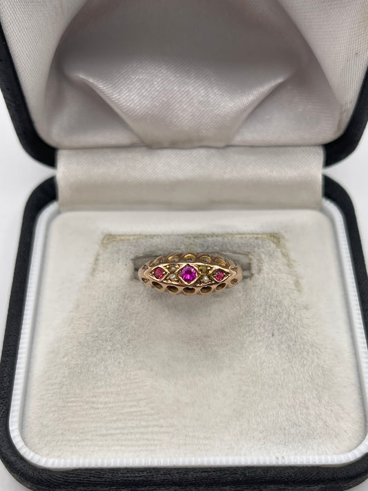9ct rose gold synthetic ruby and pearl ring