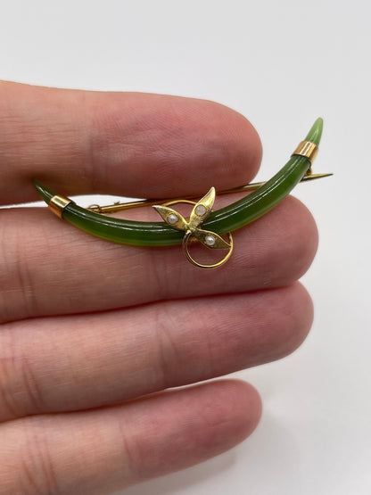 Antique 9ct gold jade and pearl brooch