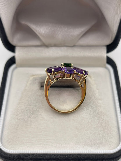 9ct gold diopside and amethyst ring