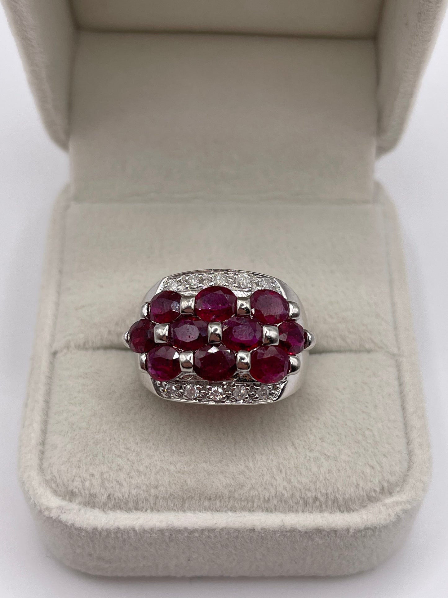 9ct white gold ruby and diamond cluster ring