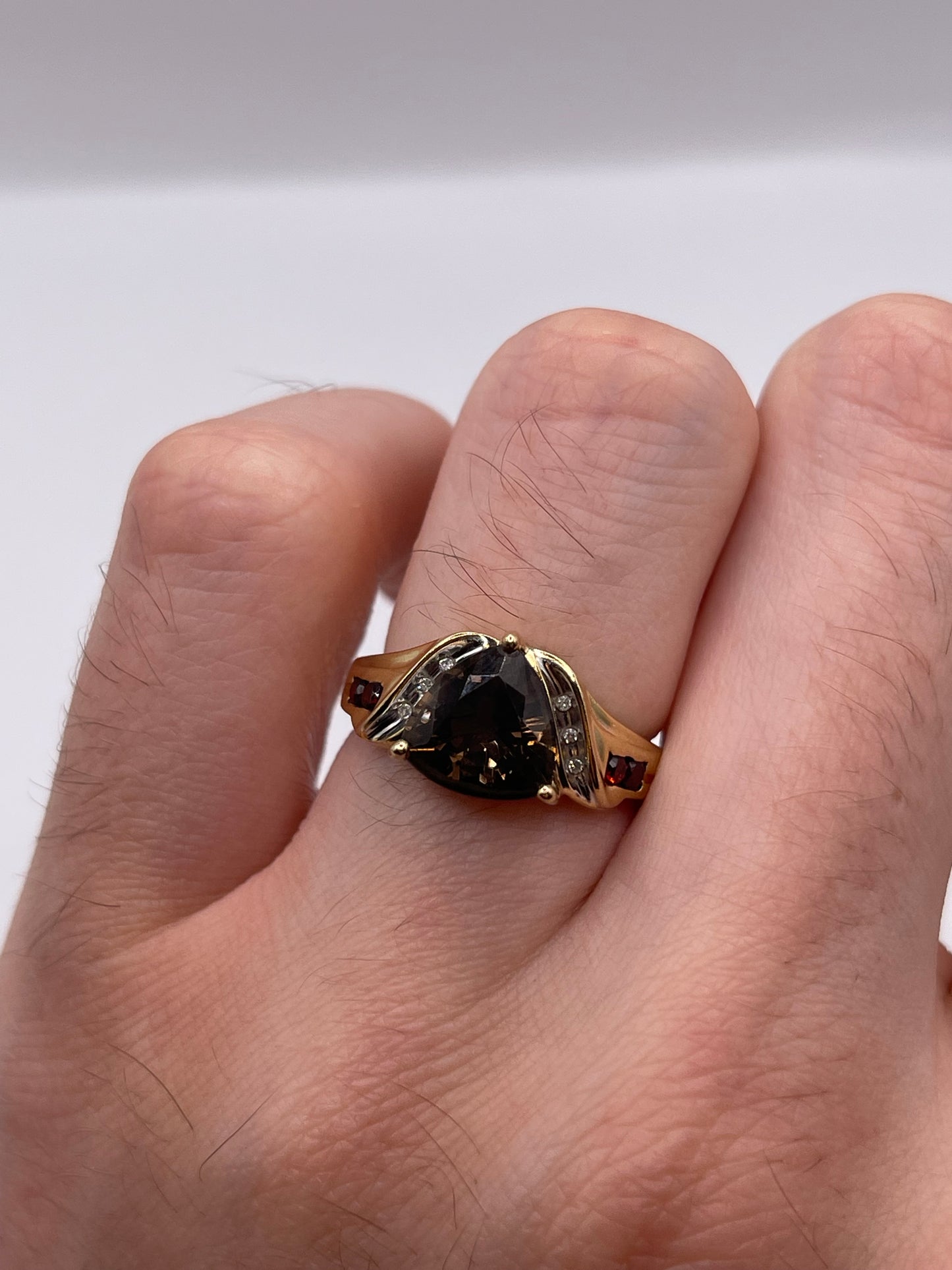 9ct gold Smokey quartz, garnet and diamond ring