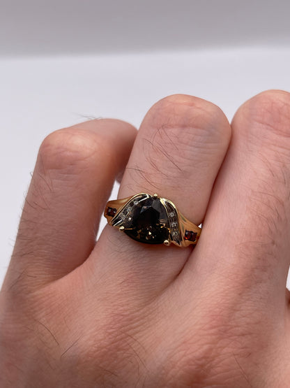 9ct gold Smokey quartz, garnet and diamond ring