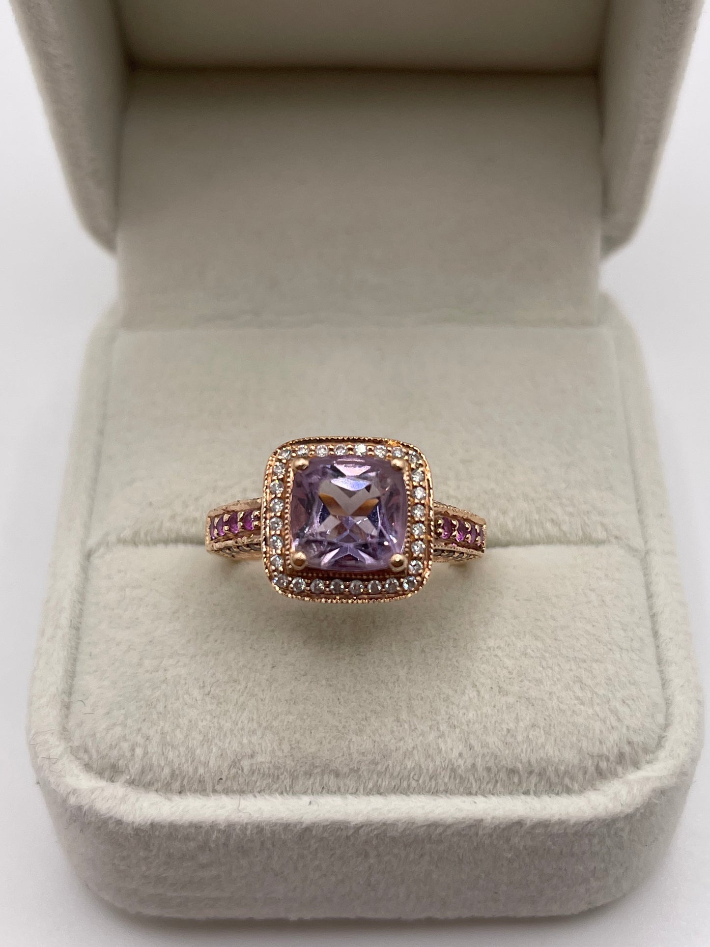 LeVian 14ct rose gold amethyst, ruby and diamond ring