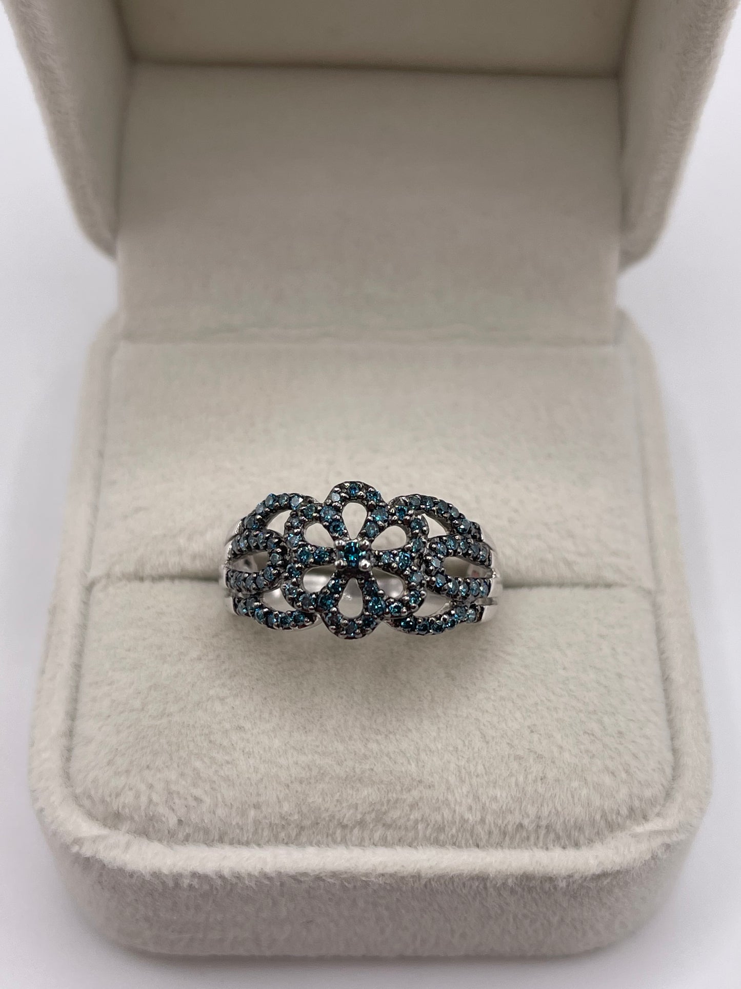 9ct white gold blue diamond cluster ring