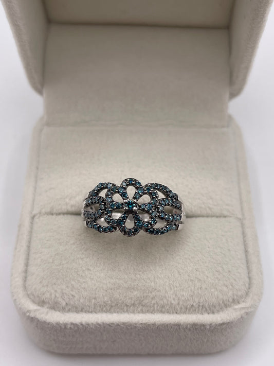 9ct white gold blue diamond cluster ring