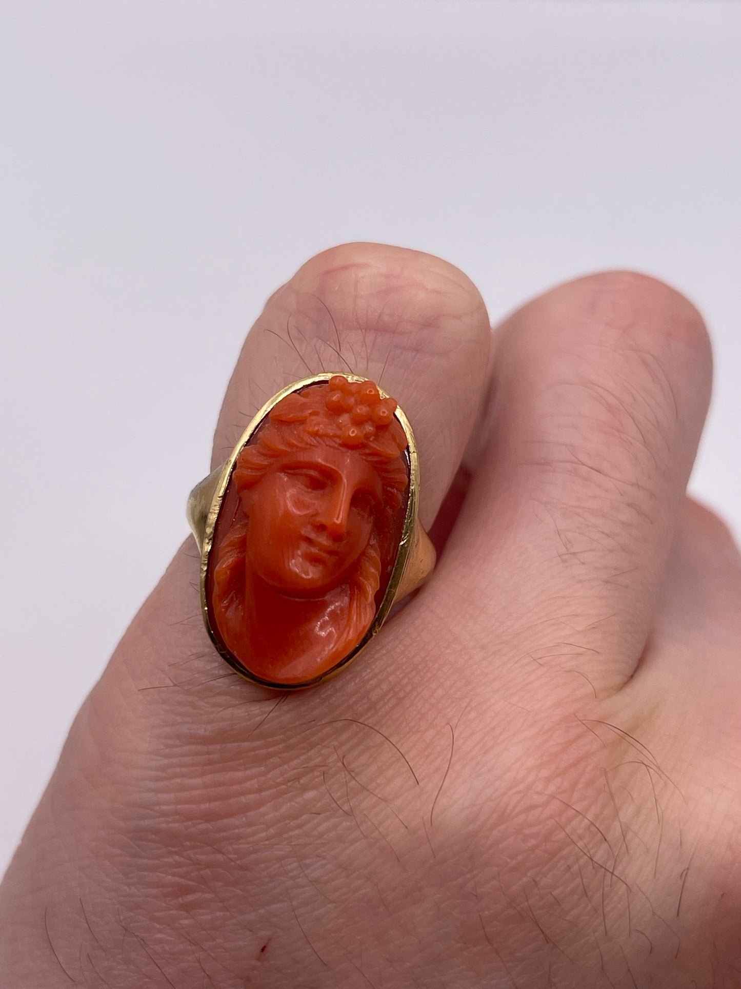 Antique Victorian carved coral goddess ring