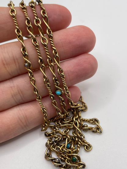 Antique 9ct gold turquoise and pearl chain