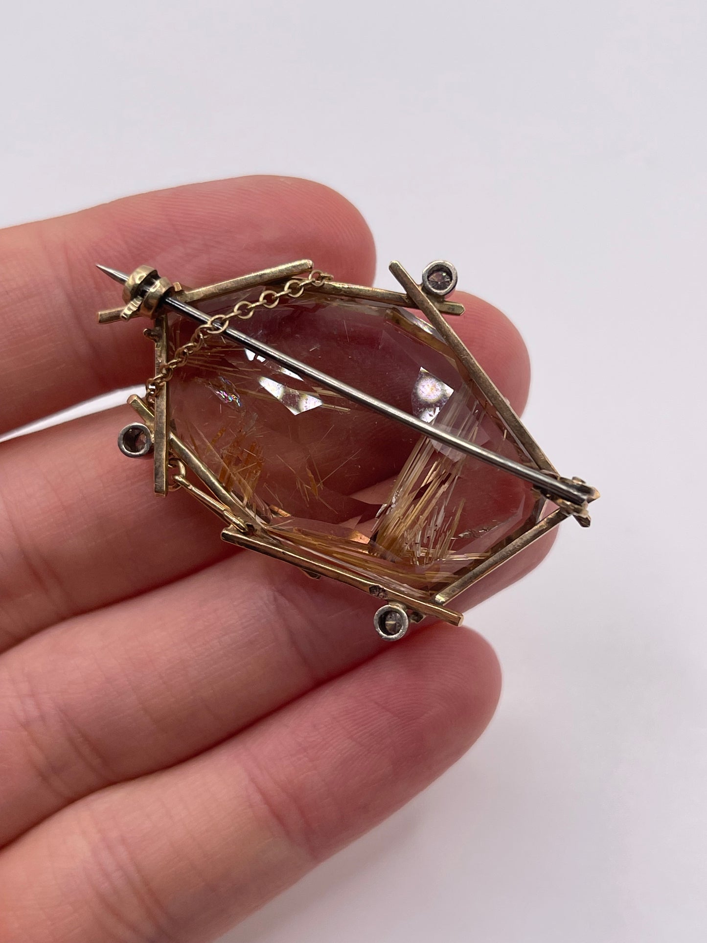 9ct gold rutile quartz and diamond brooch