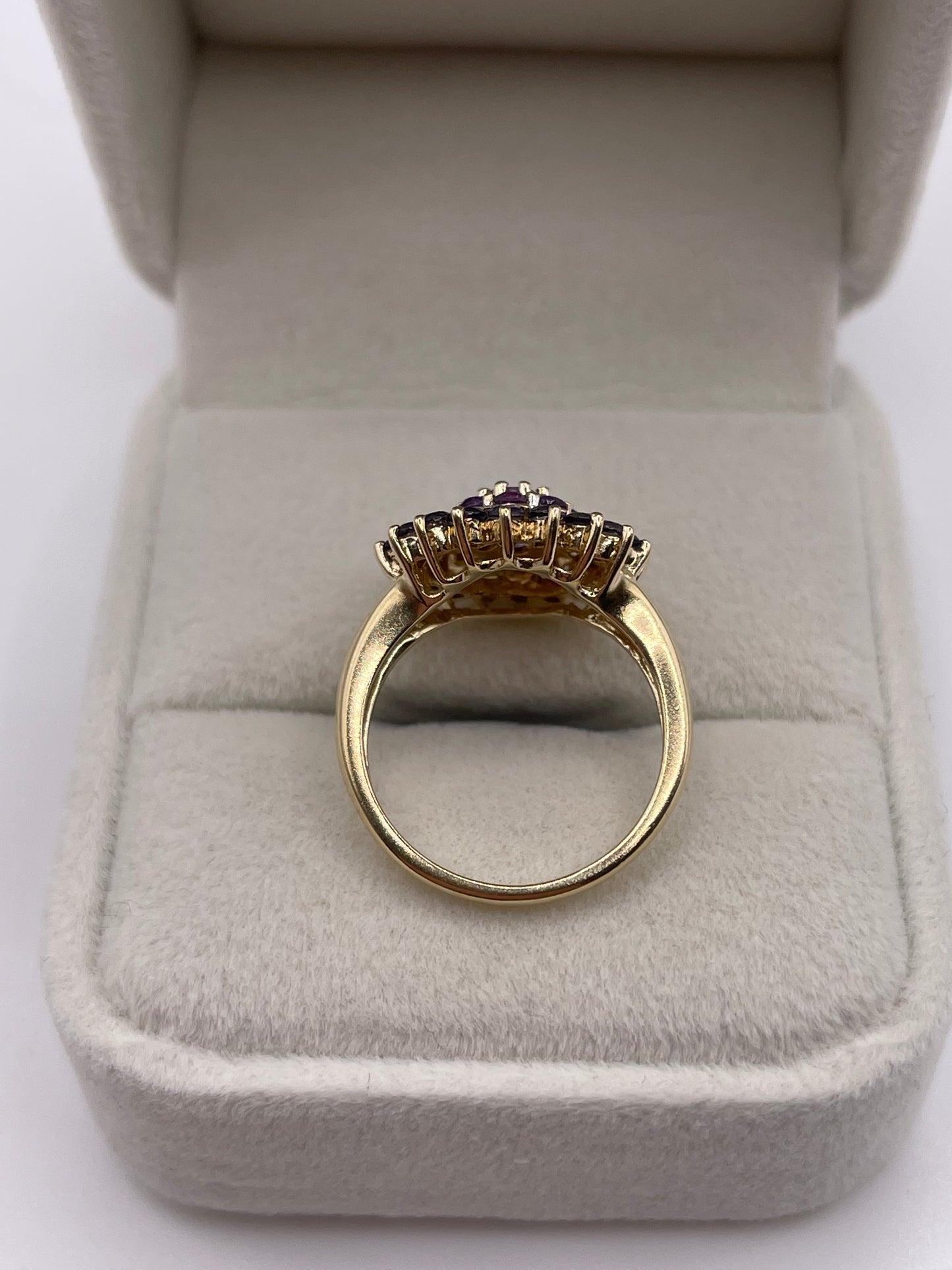 9ct gold amethyst, iolite and diamond ring