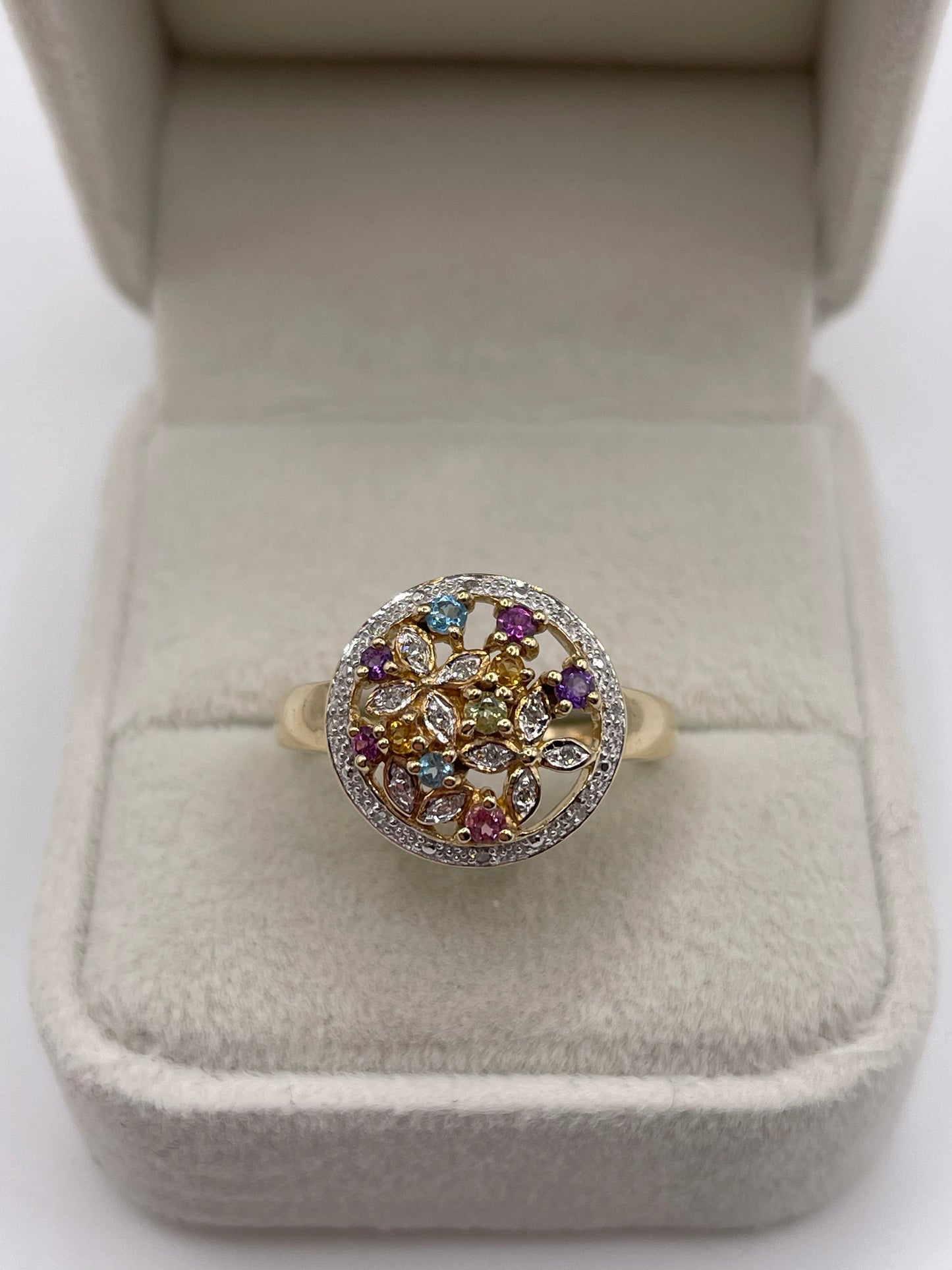 9ct gold multi gemstone and diamond cluster ring