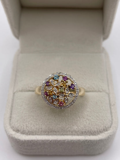 9ct gold multi gemstone and diamond cluster ring