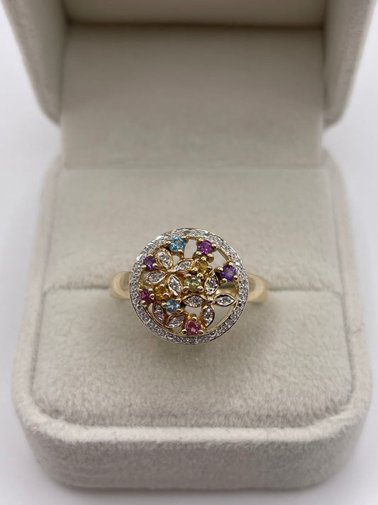 9ct gold multi gemstone and diamond cluster ring