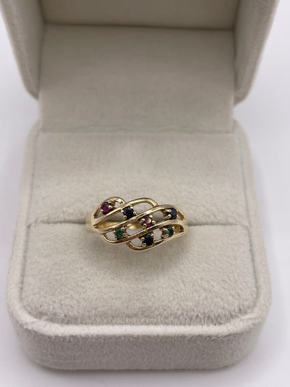 9ct gold sapphire, emerald and ruby ring