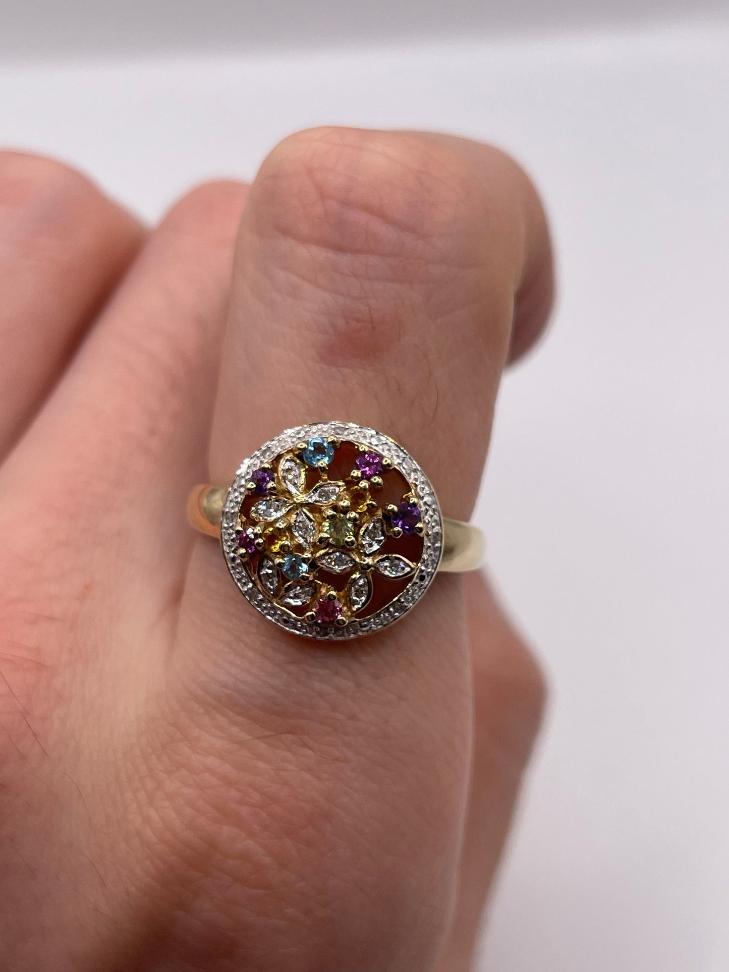 9ct gold multi gemstone and diamond cluster ring