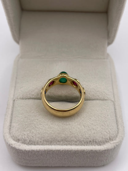 18ct gold cabochon emerald, ruby and sapphire ring
