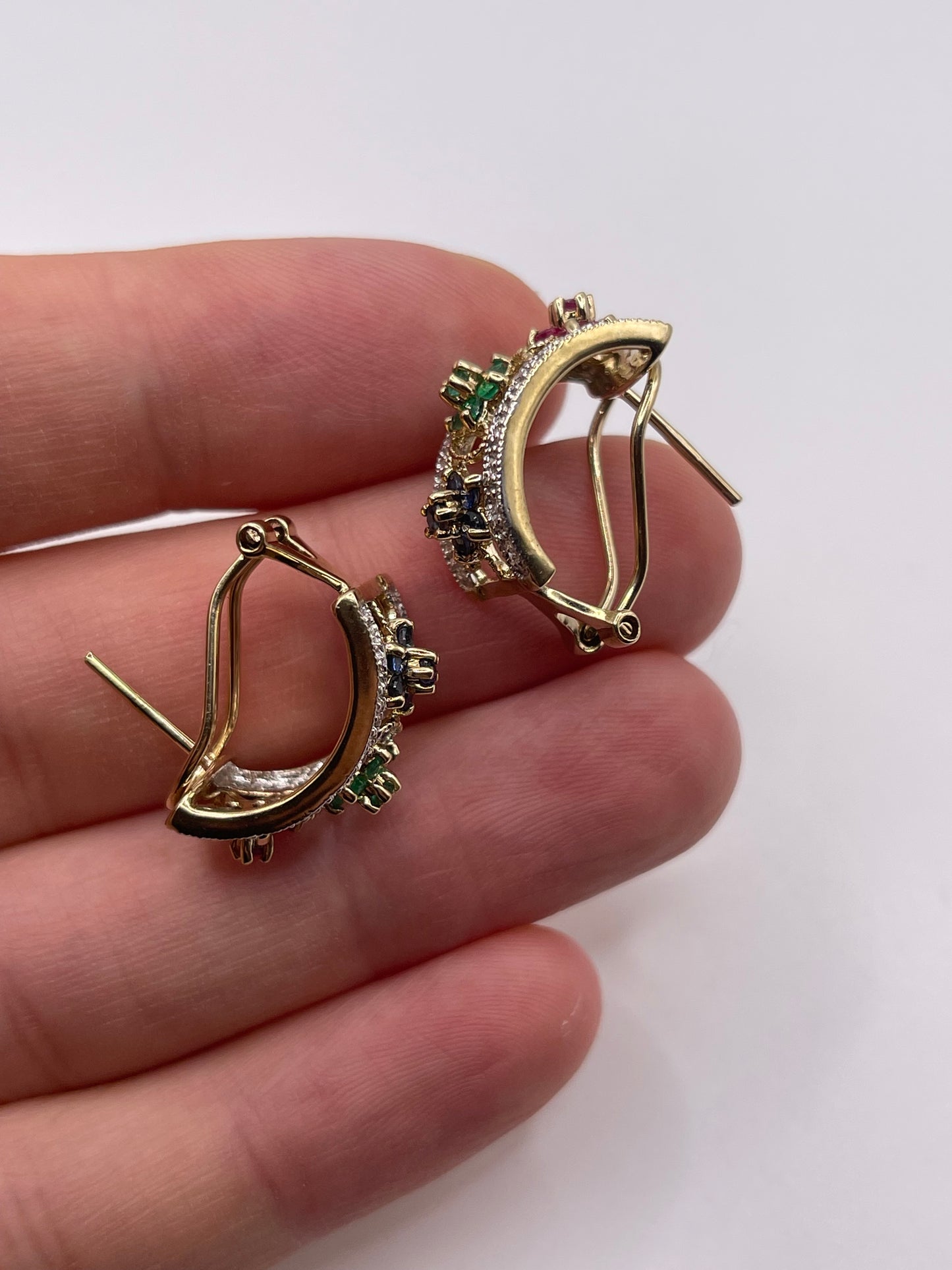 9ct gold ruby, sapphire, emerald and diamond earrings