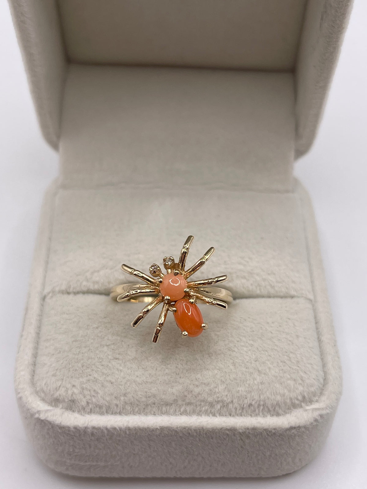 9ct gold coral and diamond spider ring