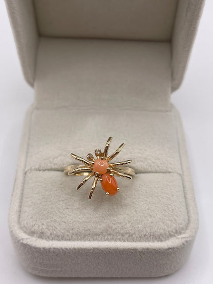 9ct gold coral and diamond spider ring