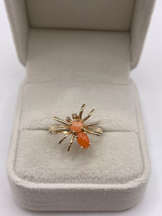 9ct gold coral and diamond spider ring