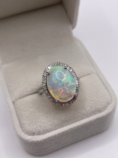 Platinum opal and diamond ring