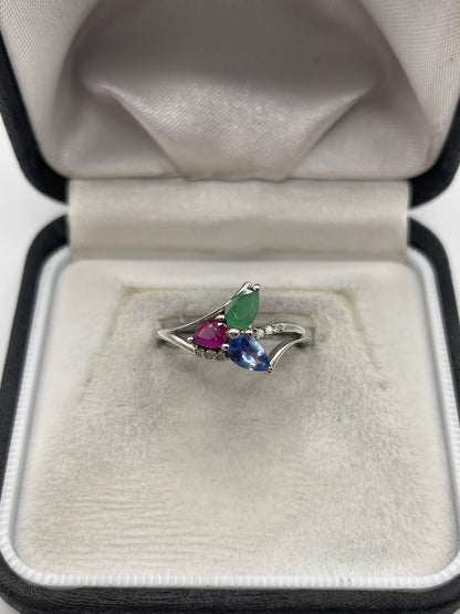9ct white gold sapphire, emerald, ruby and diamond ring