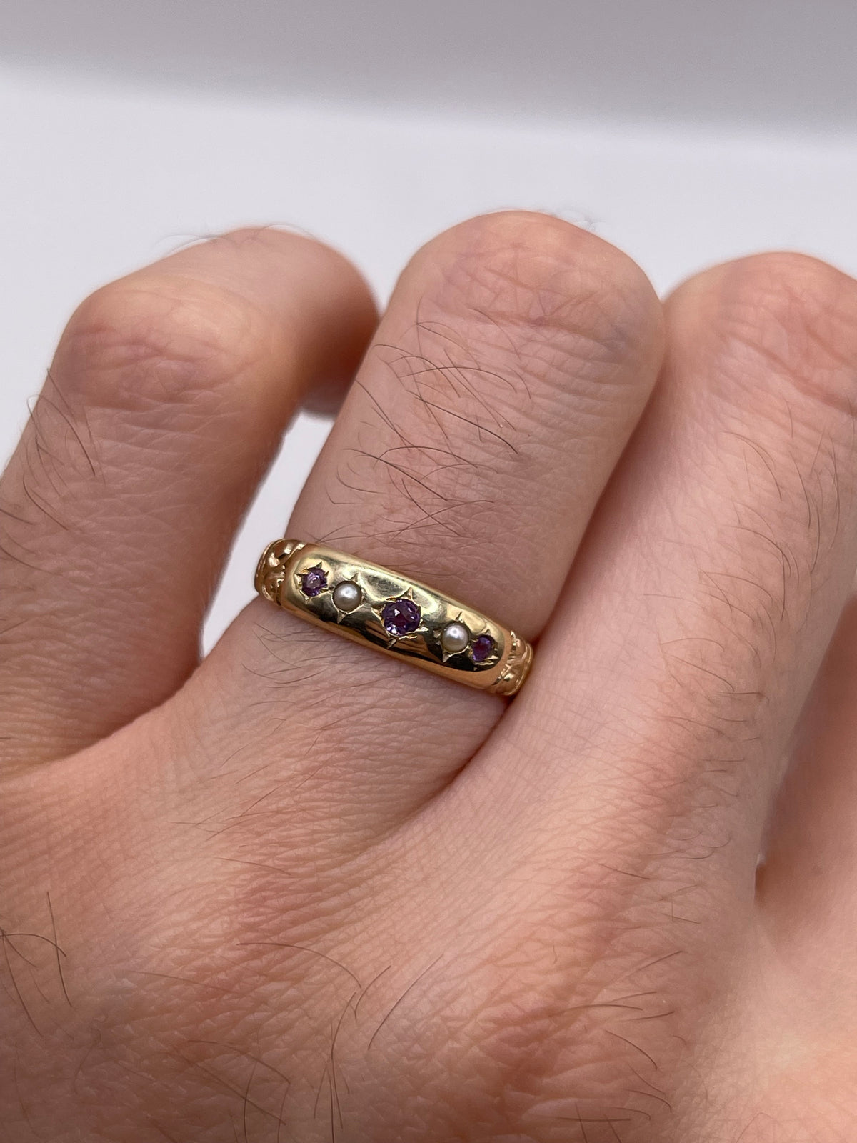 9ct gold amethyst and pearl gypsy ring