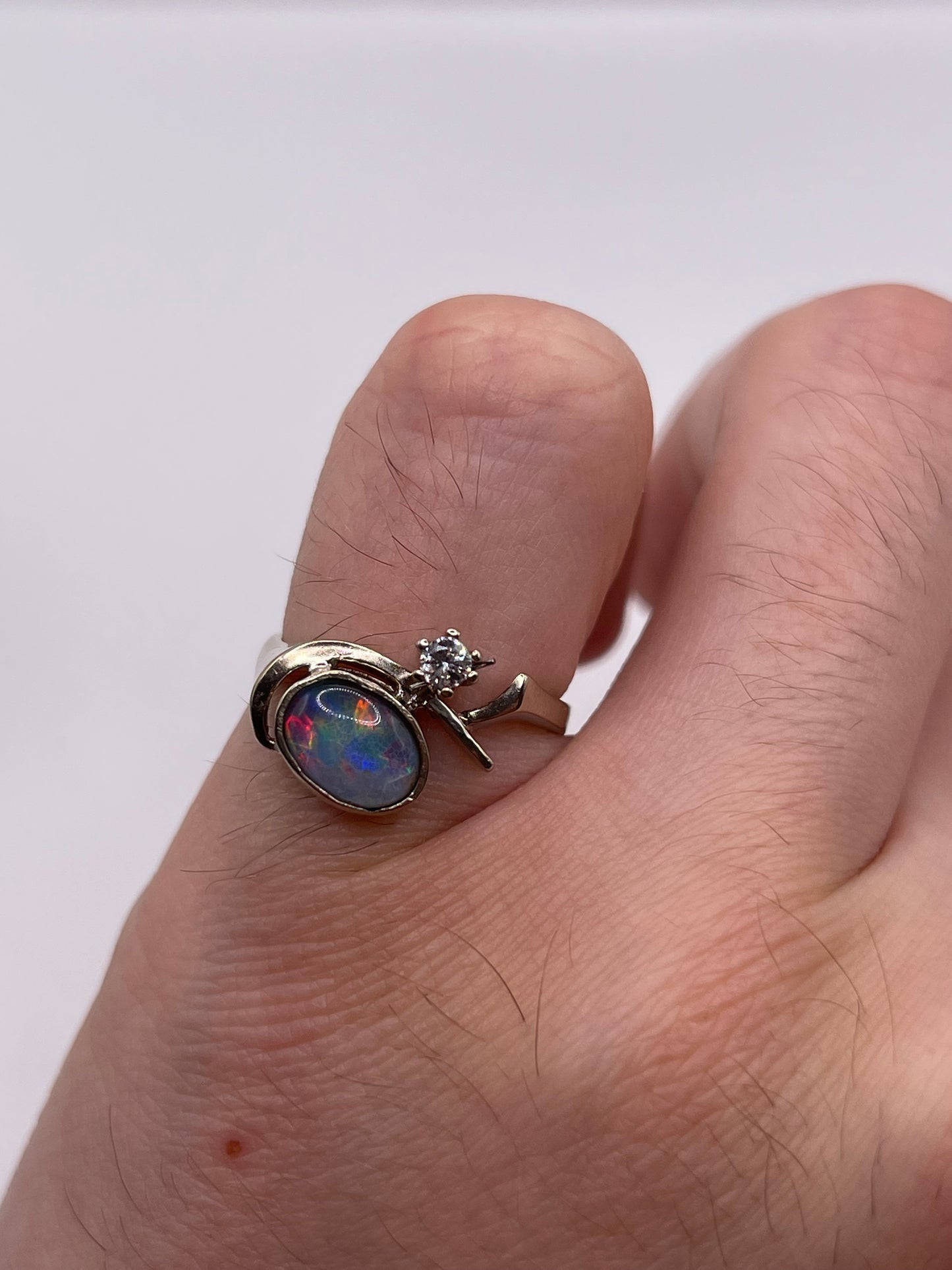 14ct white gold opal triplet and diamond ring