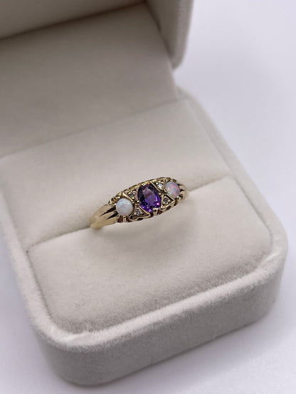 9ct gold amethyst, opal and diamond ring