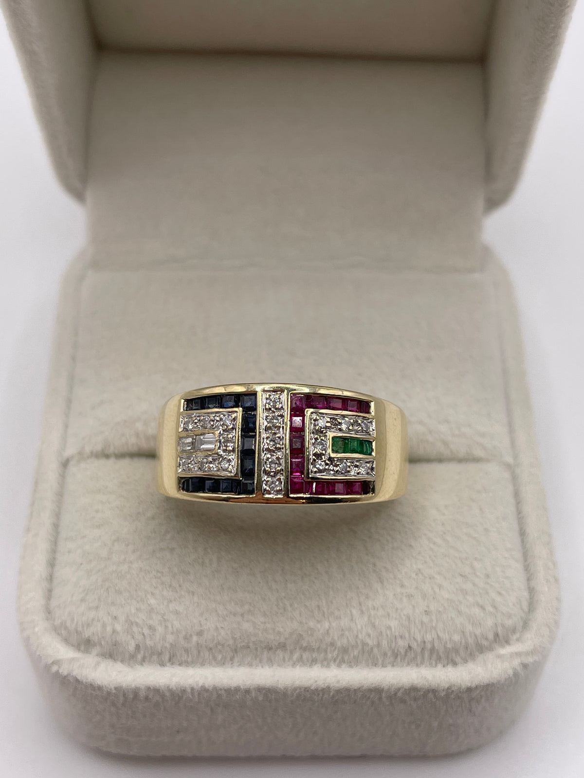 9ct gold ruby, sapphire, emerald and diamond ring