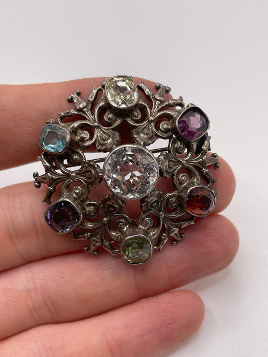 Silver multi gemstone brooch