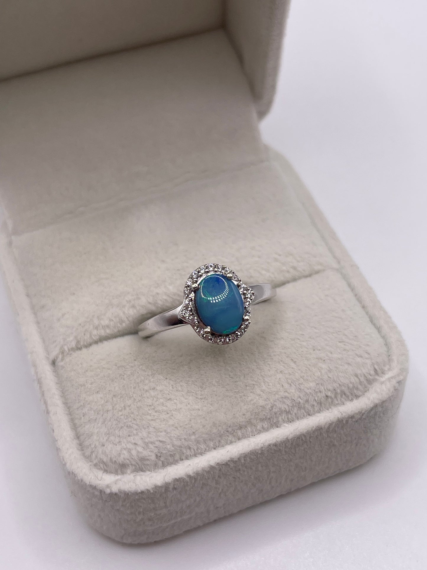 9ct white gold opal doublet and zircon ring