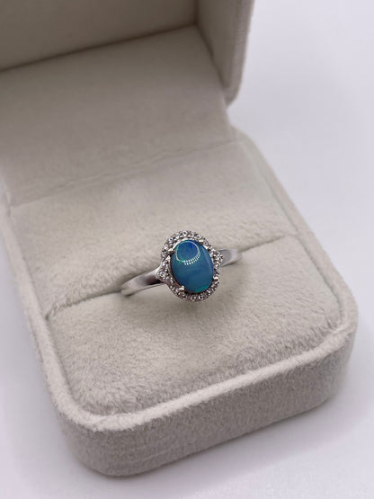 9ct white gold opal doublet and zircon ring