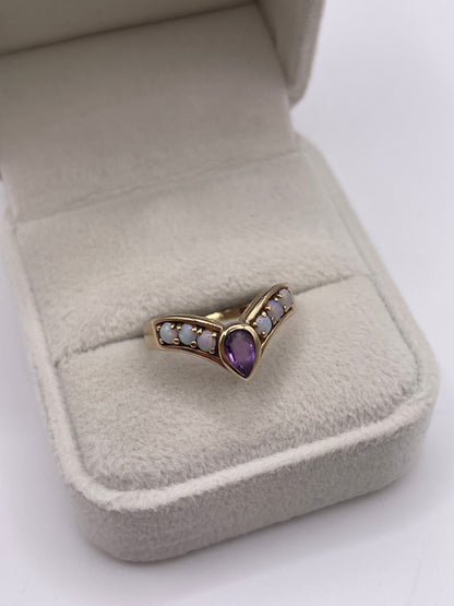 9ct gold amethyst and opal wishbone ring