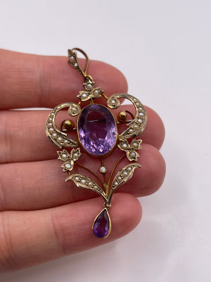 Antique 9ct gold amethyst and pearl pendant